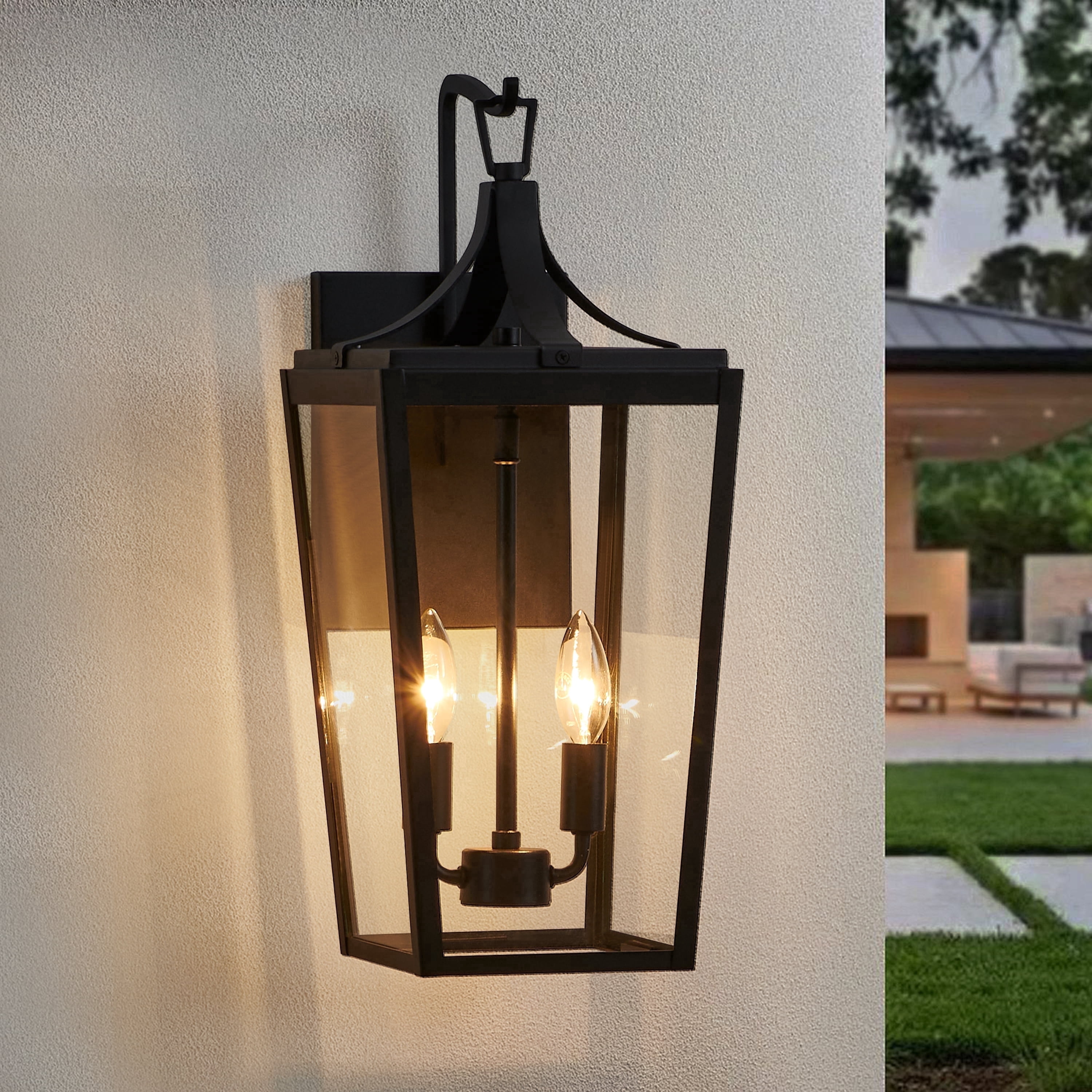 KAWOTI 20 in. 2-Light Sandy Black Hardwired Outdoor Wall Lantern Sconce with Clear Glass