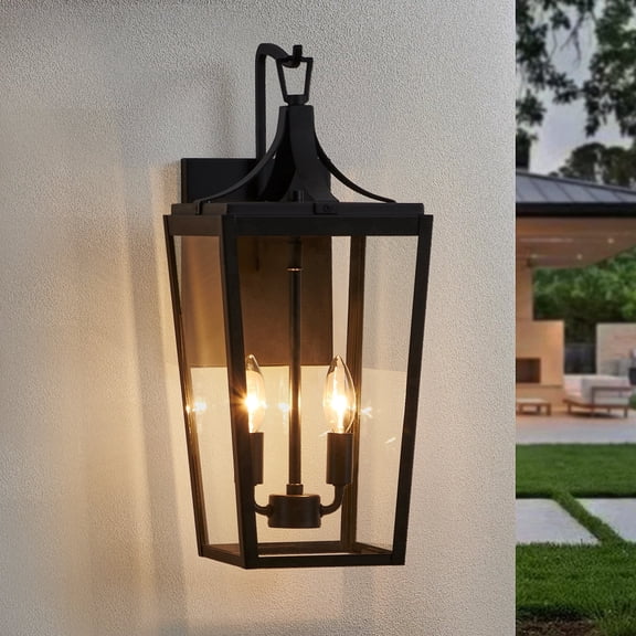 KAWOTI 20 in. 2-Light Sandy Black Hardwired Outdoor Wall Lantern Sconce with Clear Glass