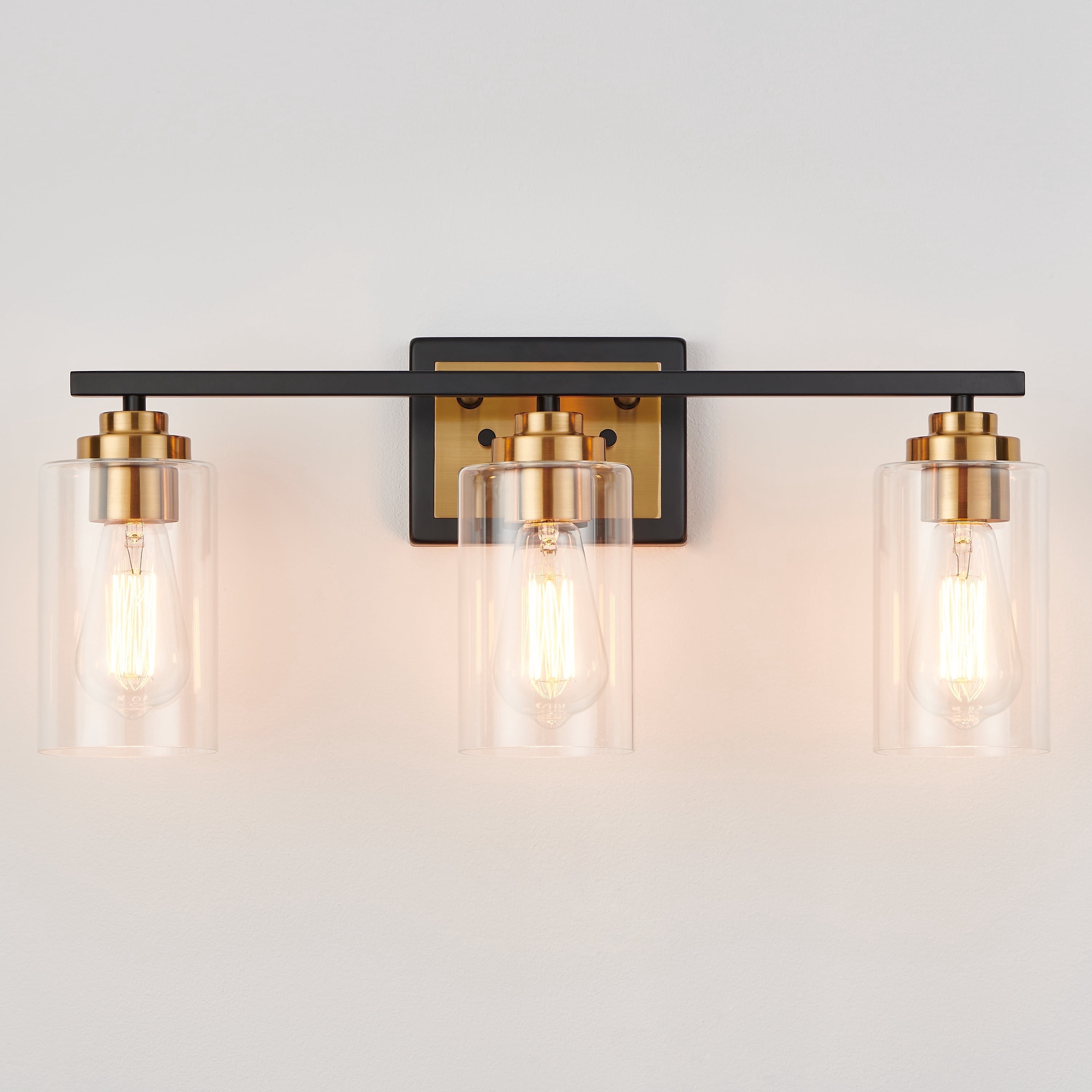 KAWOTI 22" 3-Light Black & Brass Vanity Light with Clear Glass Shade for Bathroom, Wall Mount Vanity Mirror Lighting