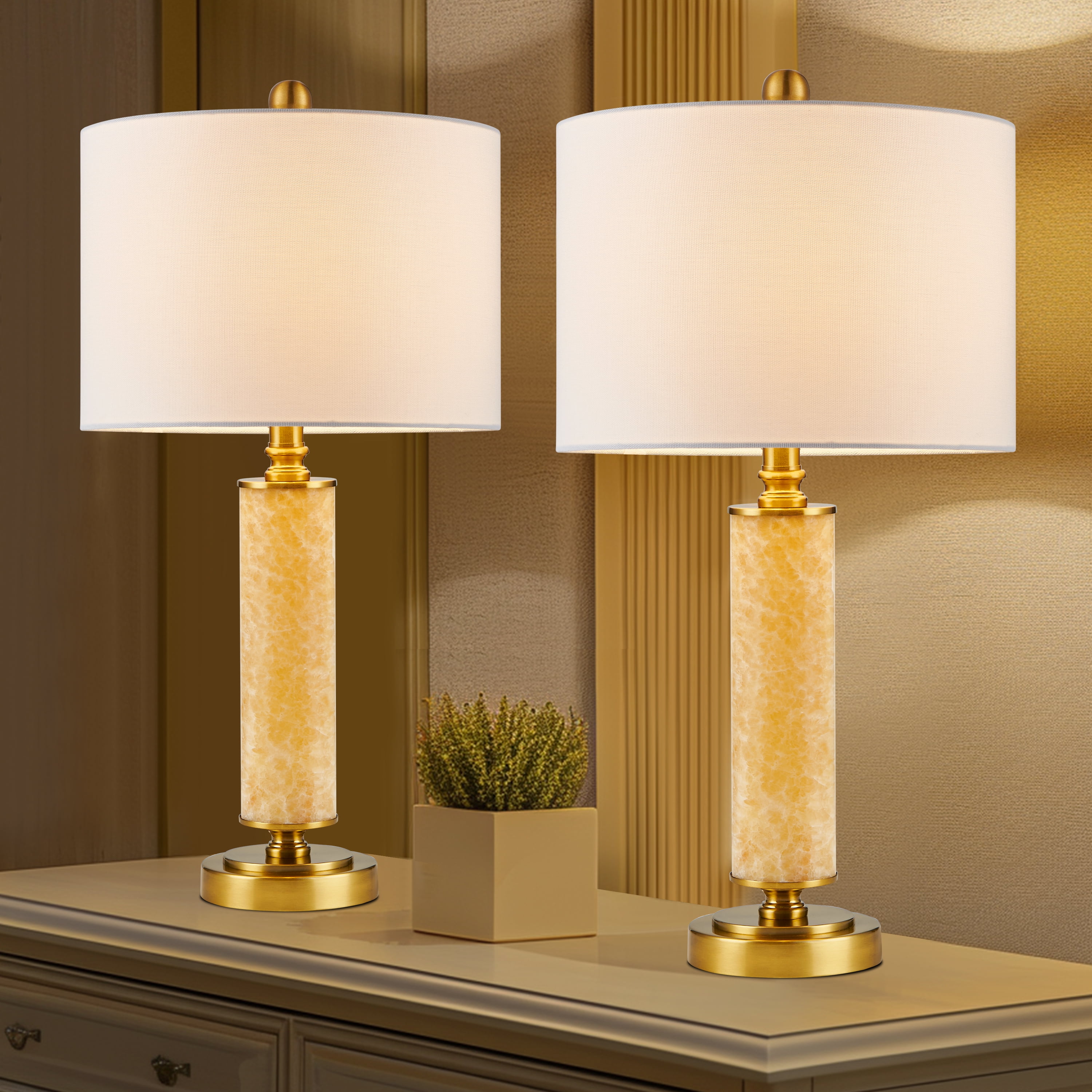 KAWOTI 23.75"H Natural Stone Table Lamp set of 2 with Linen Shade for