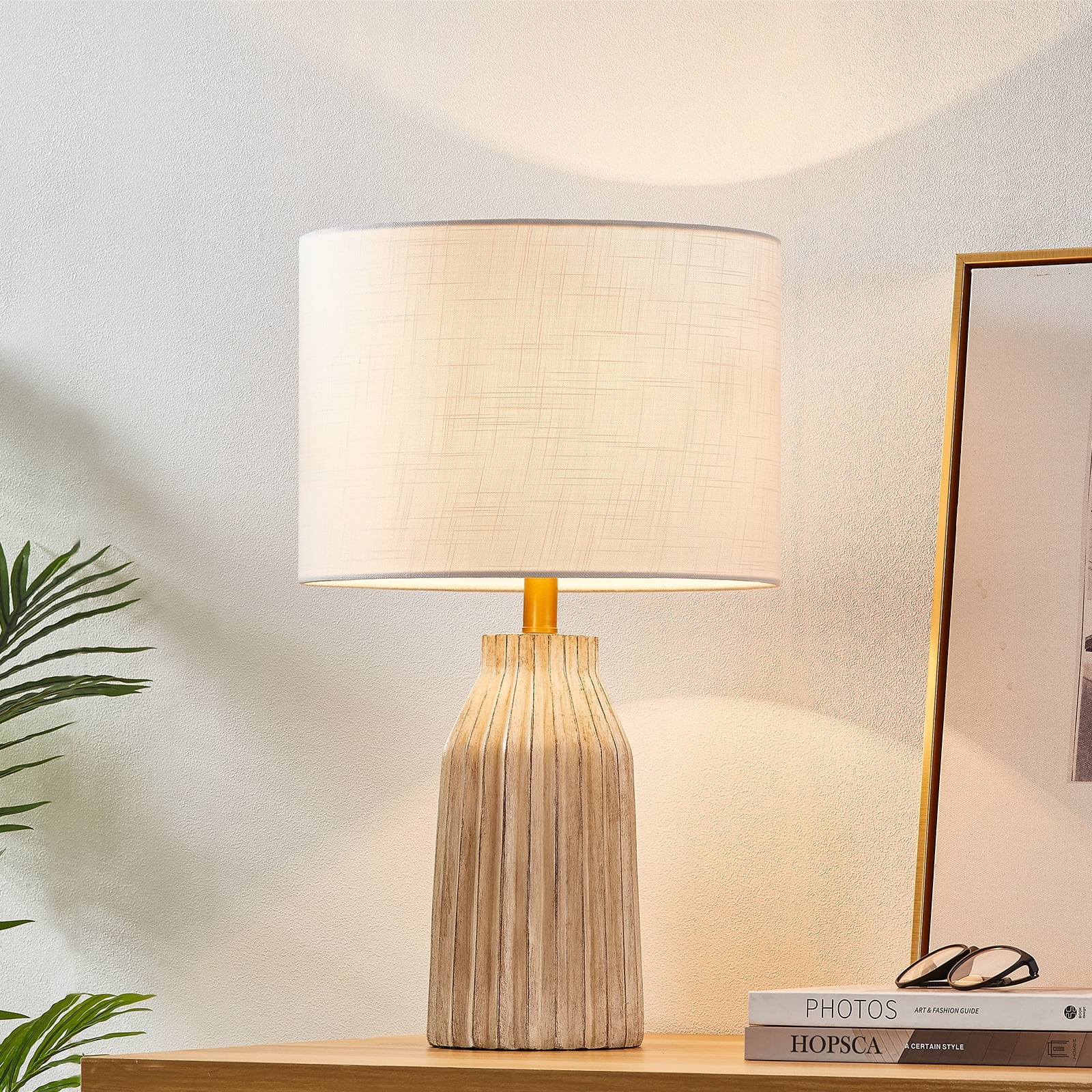 KAWOTI 24" Farmhouse Resin Table Lamp, Weathered White Table Lamp with Bamboo Pattern Shade for Bedroom