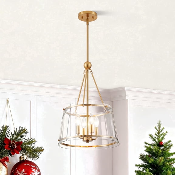 KAWOTI 29.75"H Adjustable 4-Light Brushed Gold Pendant Light with Clear Glass Shade