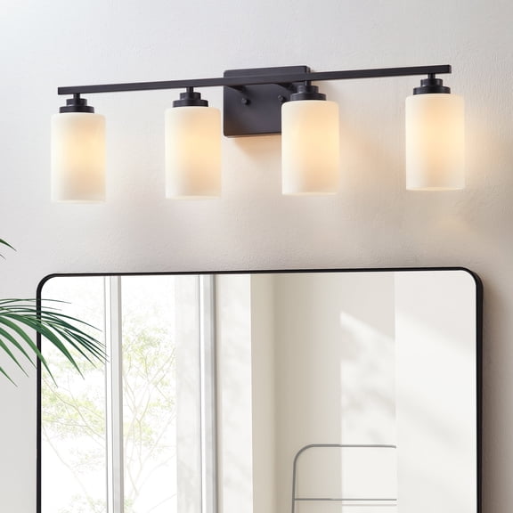 KAWOTI 4-Light Black Dimmable Bathroom Vanity Light with Frosted White Glass
