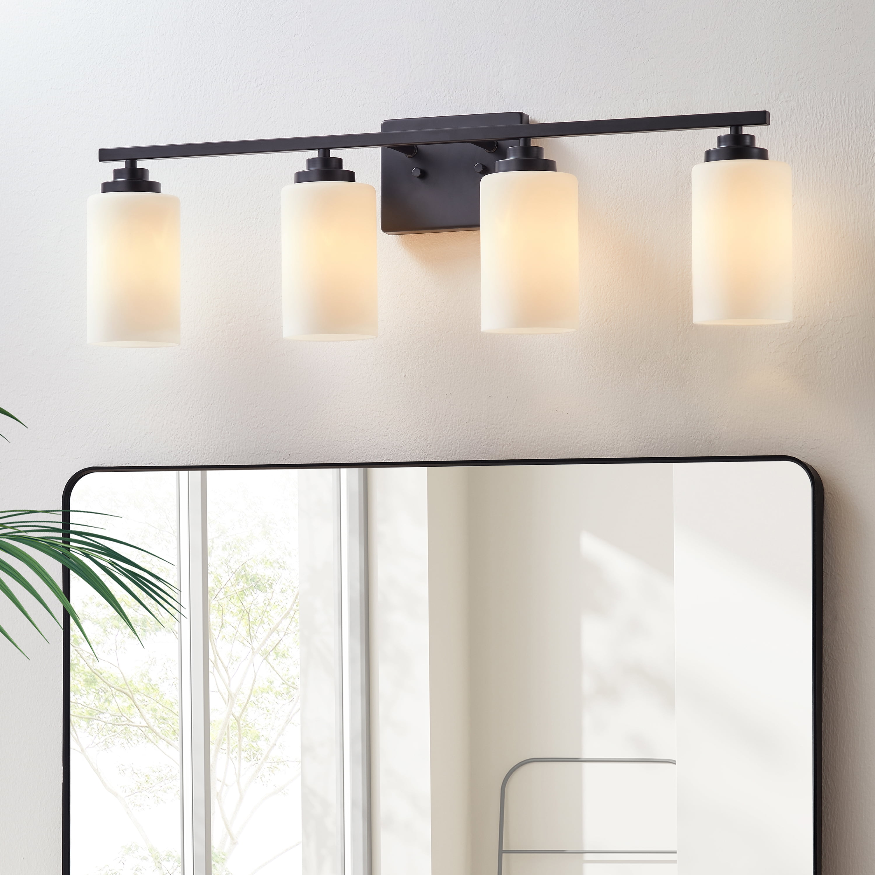 30 in. Black Steel 4-Light Dimmable Vanity Light with Frosted Glass Shades