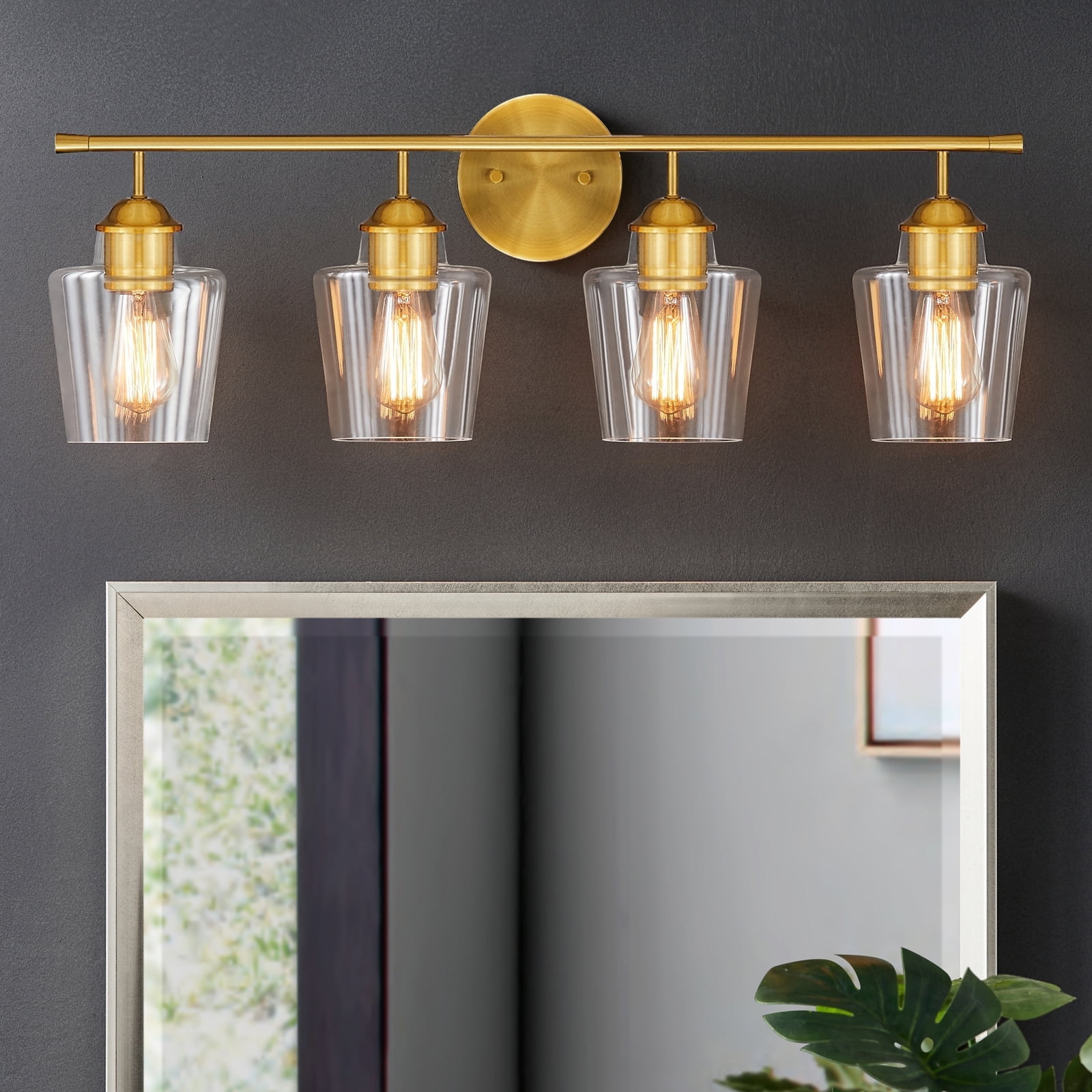 Antique Brass 4-Light Dimmable Vanity Light with Clear Glass Shades