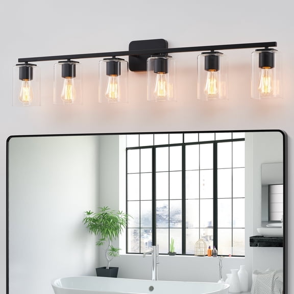 KAWOTI 43.2in 6-Light Black Vanity Light with Clear Glass Shade