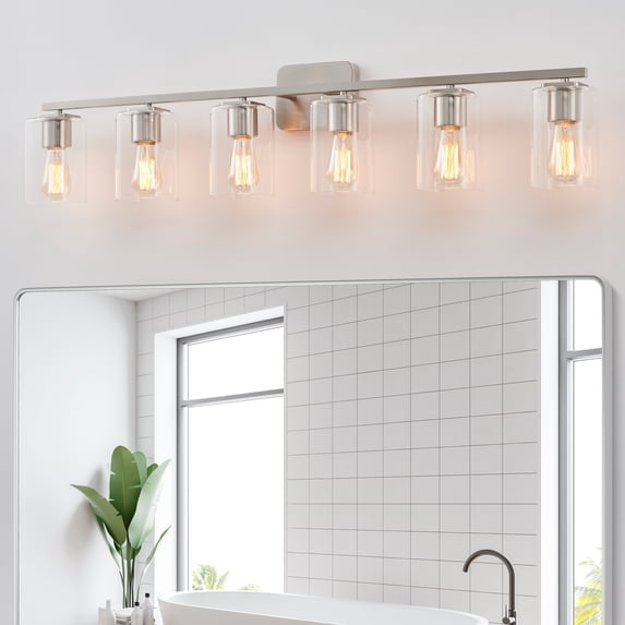 KAWOTI 43.2in 6-Light Brushed Nickel Vanity Light with Clear Glass Shade