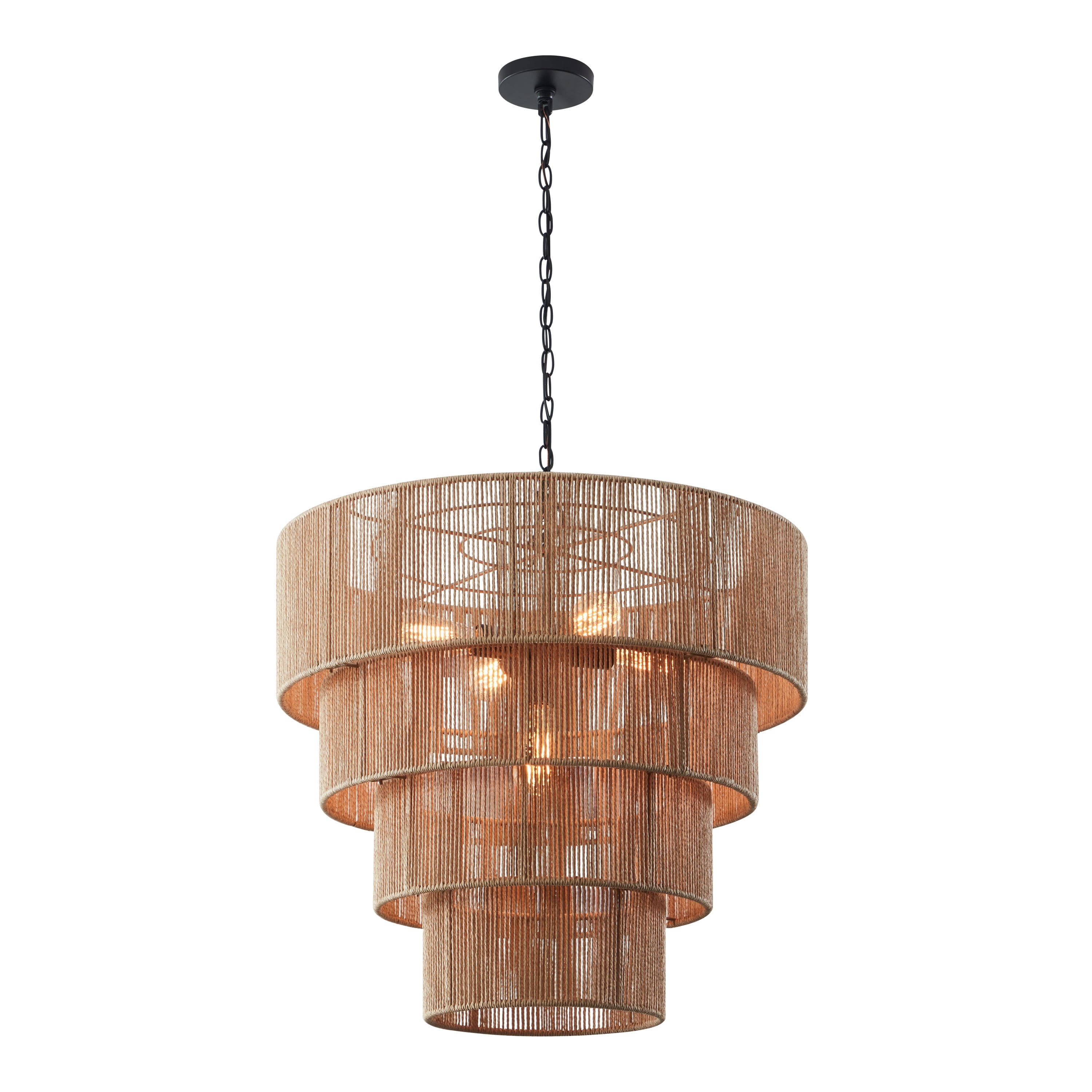 Beige Oversize 4-Tiered Rattan Pendant Light with Glass Shades