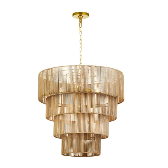 KAWOTI 5-Light Distressed Gold Oversize Pendant Light with Rattan Shade,4-Tier Rattan Chandelier