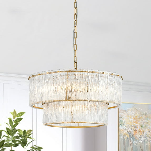 KAWOTI 5-Light Pendant Light Painted Gold Modern 2-Tiered Chandelier with Textured Glass Shade