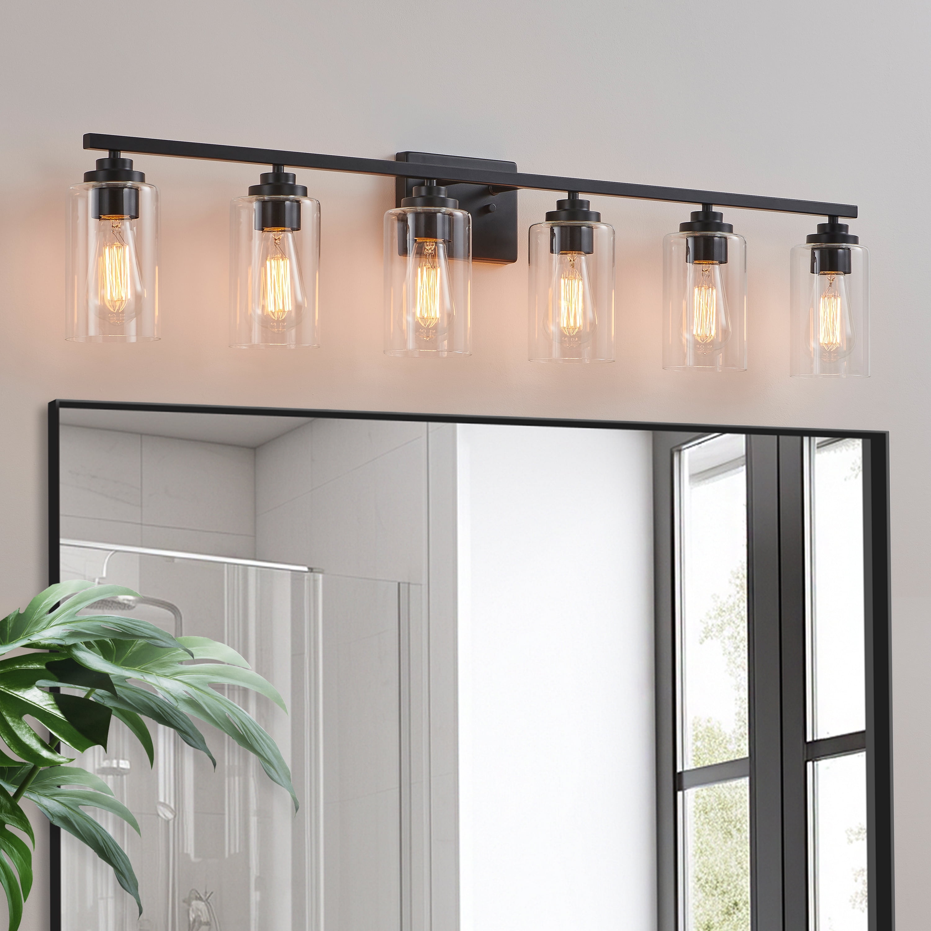 KAWOTI 6-Light Dimmable Vanity Light with Clear Glass Shade, Black Modern Bathroom Vanity Light Fixtures