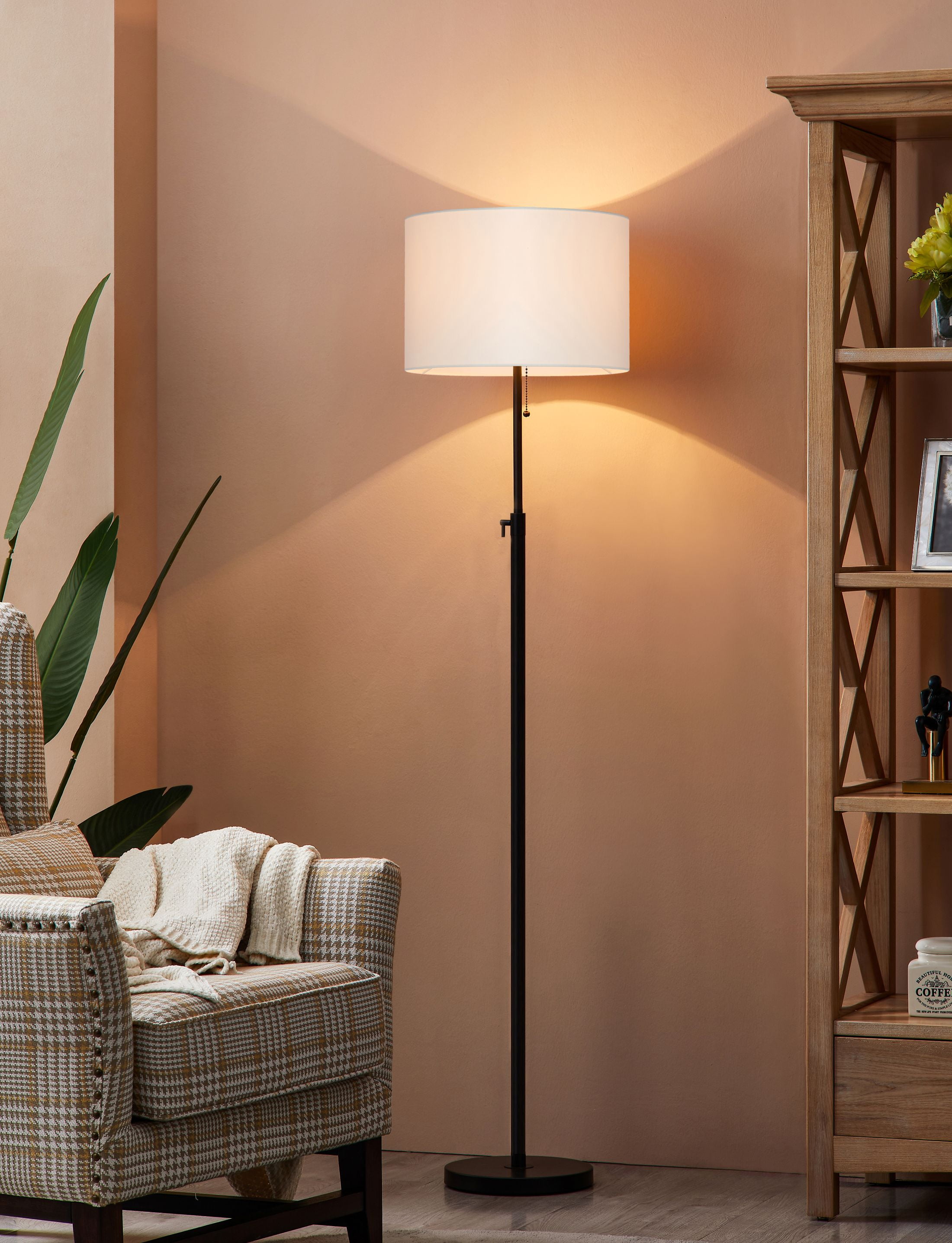 Adjustable Black Metal Floor Lamp with Beige Drum Shade