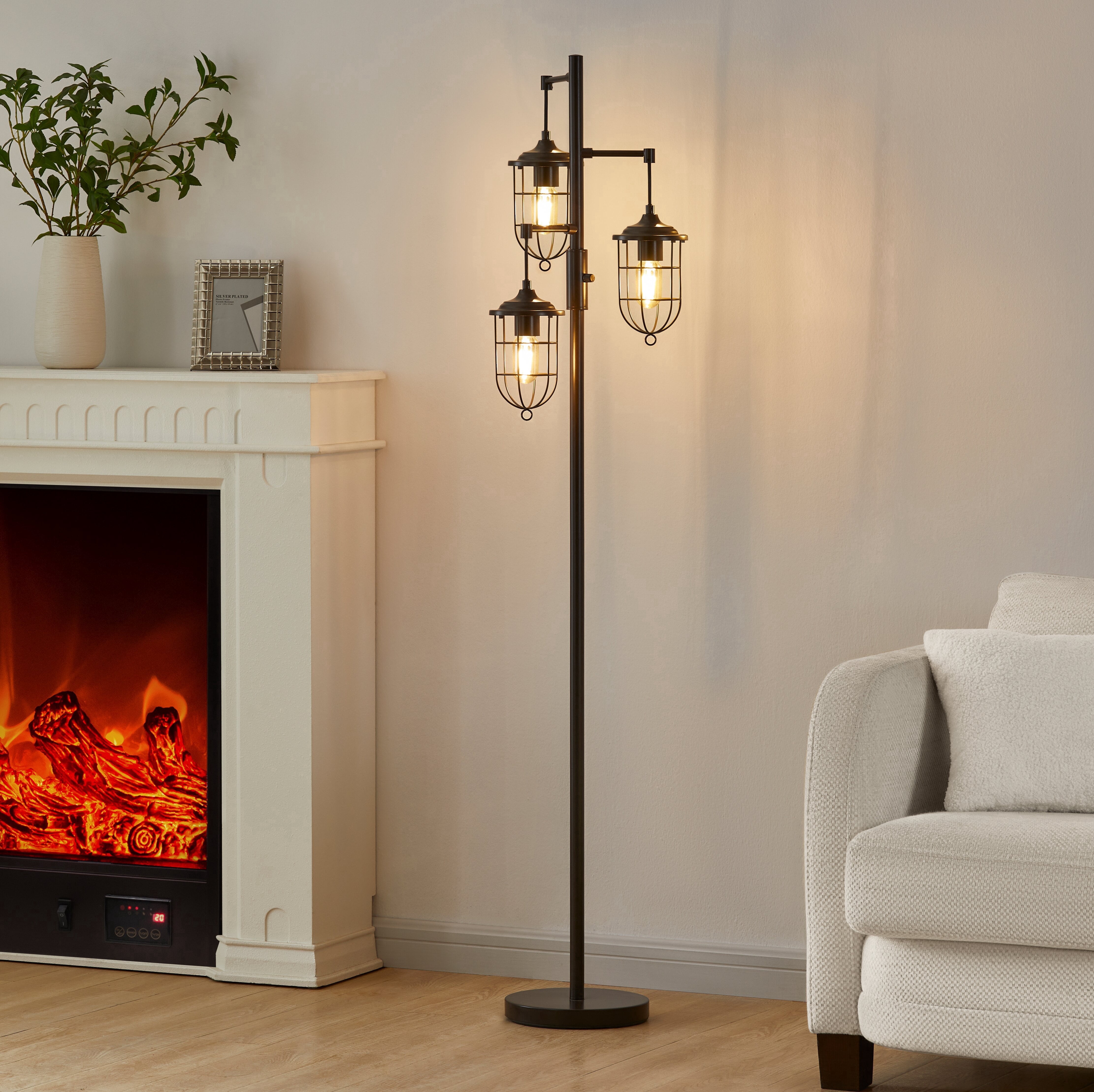 KAWOTI 64.75'' Industrial Bronze 3-Light Lantern Floor Lamp with  Metal Cage Shades, Bulbs Included