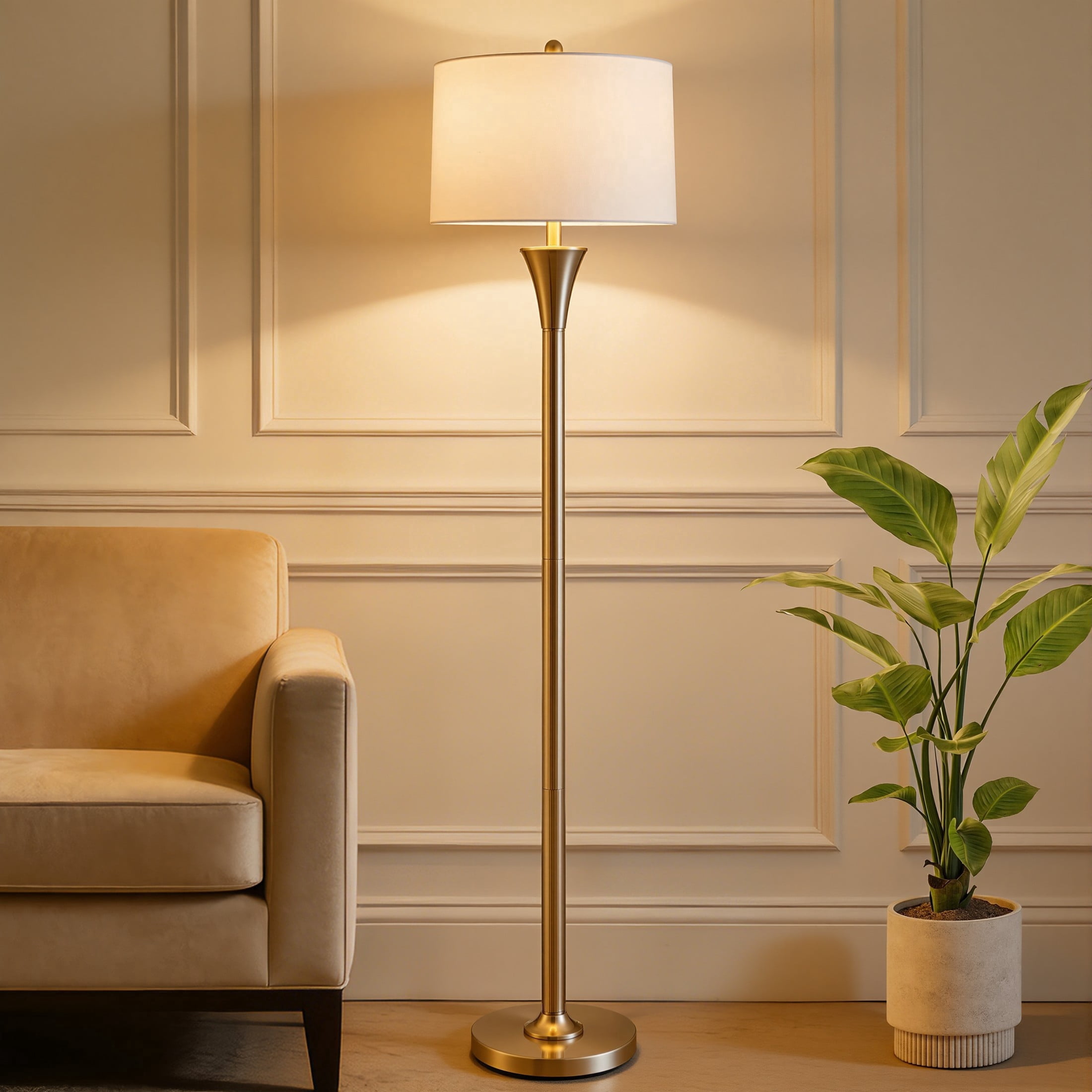 KAWOTI 66'' Champagne Standing Floor Lamp with Drum Shade for Living Room Bedroom Office