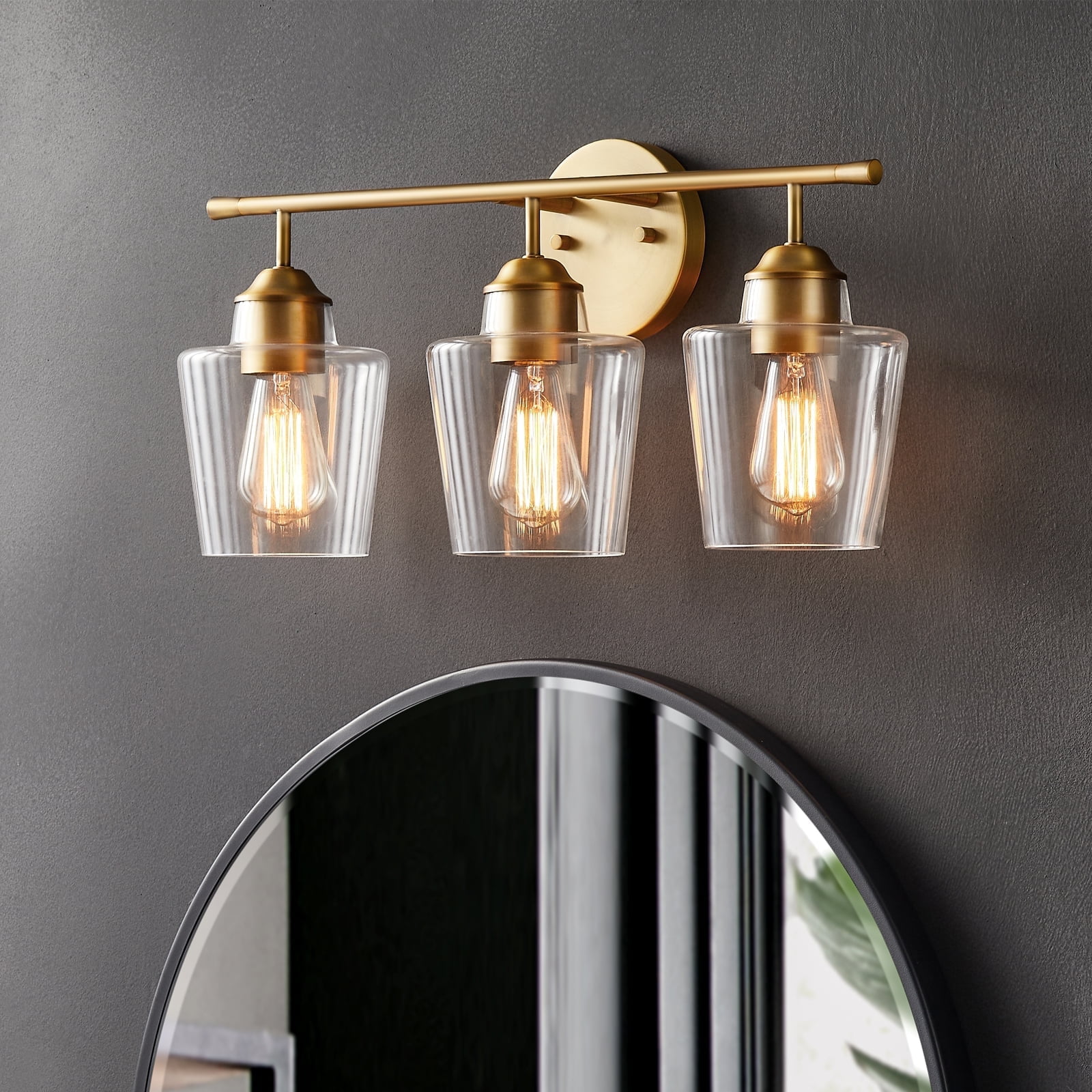 Antique Brass 3-Light Dimmable Bathroom Vanity Light with Clear Glass Shades