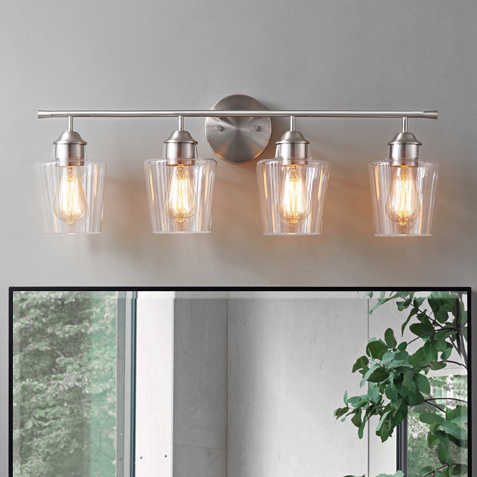 Brushed Nickel 4-Light Dimmable Bathroom Vanity Light with Glass Shades