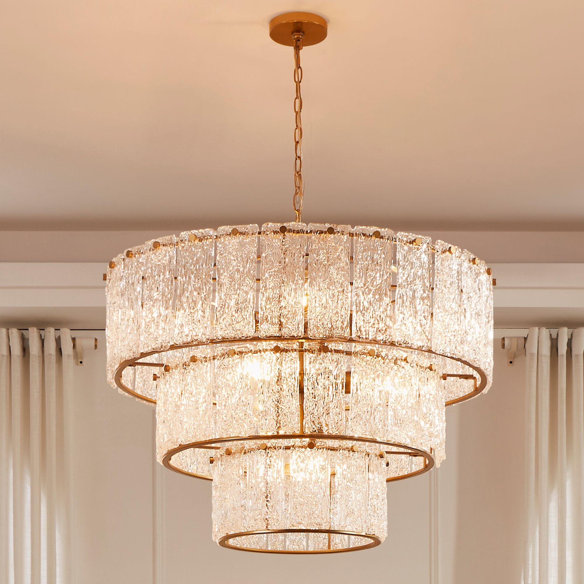 Distressed Gold 8-Light 3-Tiered Glass Drum Chandelier