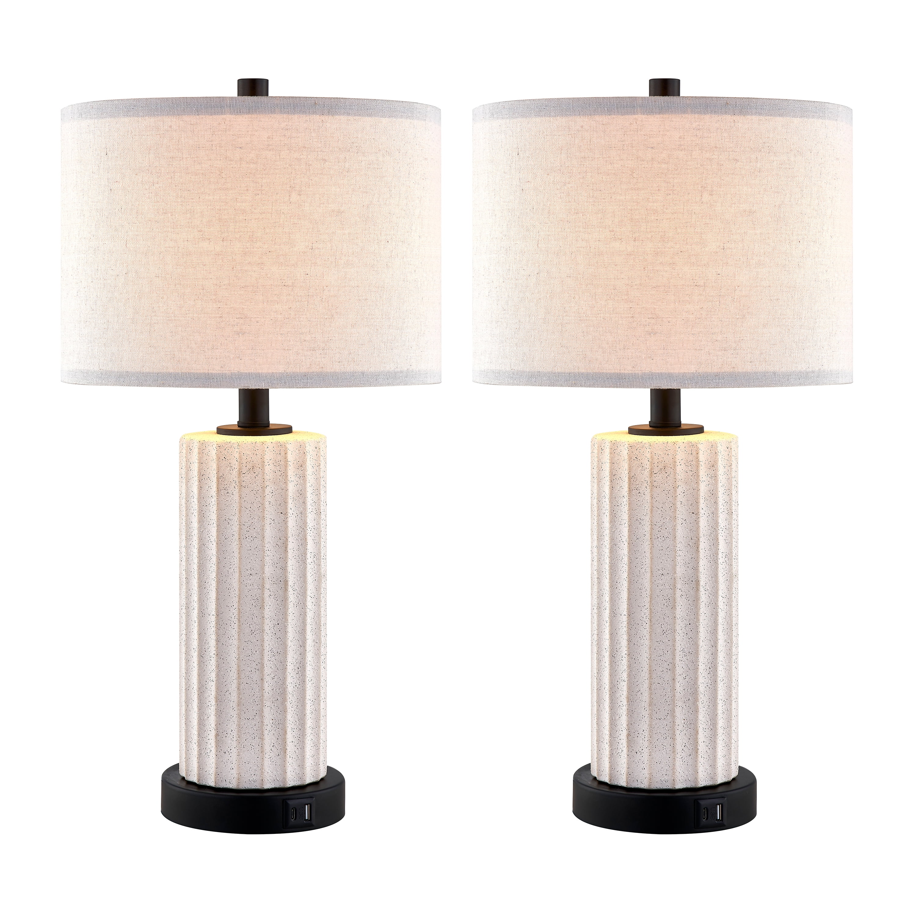 White Ceramic 3-Way Touch Table Lamp Set with USB Ports