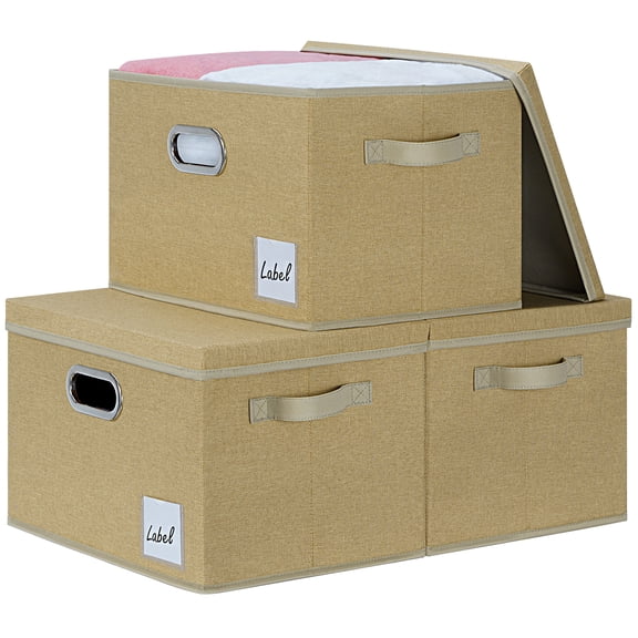KAXINLIFE Closet Storage Bins with Handles and Label, Storage Basket with Lid, Foldable Linen Fabric Storage Boxes, Storage Cube Baskets Container Organizers for Bedroom Office (Yellow 3-Pack)