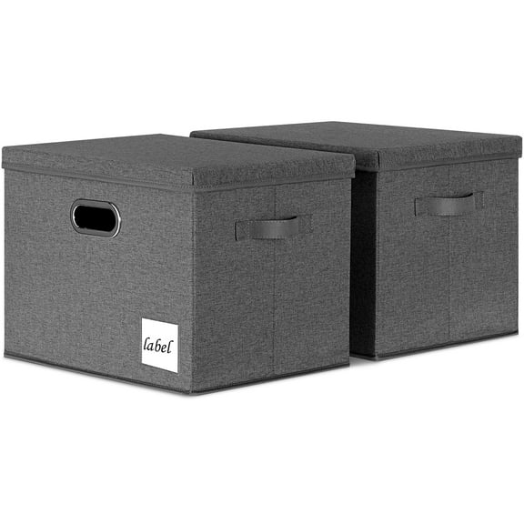 KAXINLIFE Closet Storage Bins with Handles and Label, Storage Basket with Lid, Foldable Linen Fabric Storage Boxes, Storage Cube Baskets Container Organizers for Bedroom Office (Gray 2 Pack)