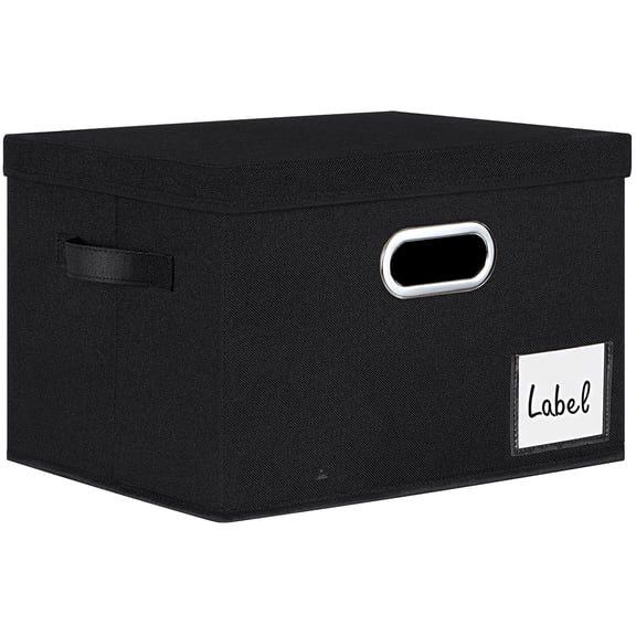 KAXINLIFE Closet Storage Bins with Handles and Label, Storage Basket with Lid, Foldable Linen Fabric Storage Boxes, Storage Cube Baskets Container Organizers for Bedroom Office (Black 1-Pack)