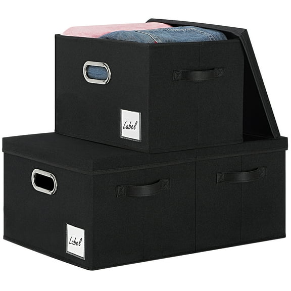 KAXINLIFE Closet Storage Bins with Handles and Label, Storage Basket with Lid, Foldable Linen Fabric Storage Boxes, Storage Cube Baskets Container Organizers for Bedroom Office (Black 3-Pack)