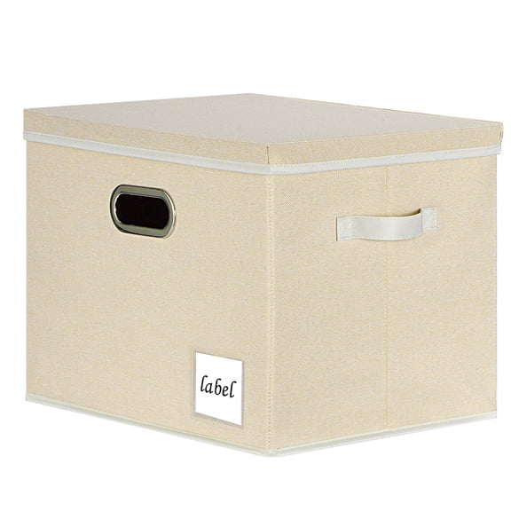 KAXINLIFE Closet Storage Bins with Handles and Label, Storage Basket with Lid, Foldable Linen Fabric Storage Boxes, Storage Cube Baskets Container Organizers for Bedroom Office (Beige 1 Pack)