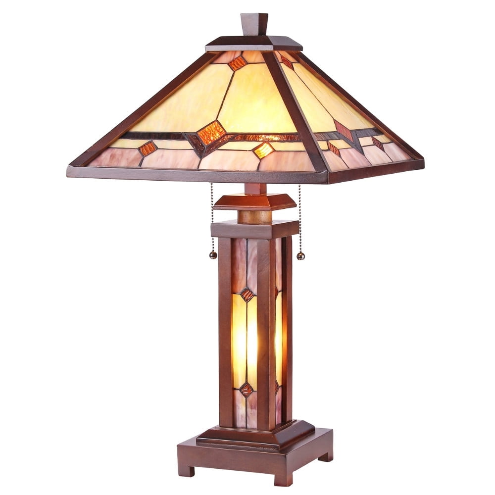 Kay Tiffany-Style Mission Double Lit Stained Glass Wooden Table Lamp