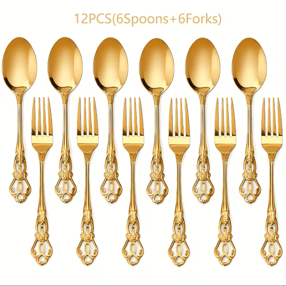 KAYA Gold Hollow Carved Handle Spoon Fork Set, 12 Pack Stainless Steel Decorative Table Flatware for Home & Party
