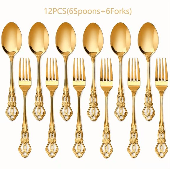 KAYA Gold Hollow Carved Handle Spoon Fork Set, 12 Pack Stainless Steel Decorative Table Flatware for Home & Party