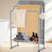 KAYFIA 40" H Free Standing Towel Rack with 2 Storage Baskets & 6 Hooks, 3 Tier Silver Metal Towel Stand for Extra Large Towel, Modern Industrial Blanket Ladder Display and Drying Rack for Bathroom