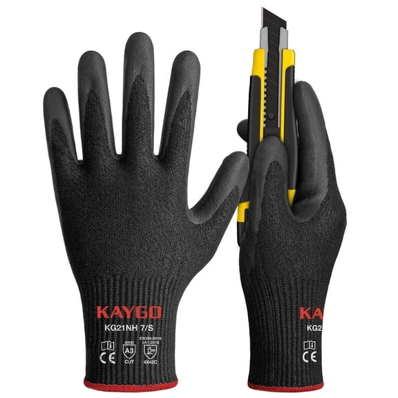 KAYGO Cut Resistant Gloves - Nitrile Micro-Foam Coated, Puncture Proof Safety Gloves for Work, Gardening, and Construction with Enhanced Grip | ANSI Cut Level A3 | KG21NB, S, 2 Pairs, Black