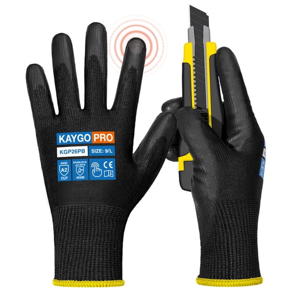 KAYGO Cut Resistant Gloves PU Coated, 12 Pairs, Safety Work Gloves with full fingers Touchscreen(L, Black)