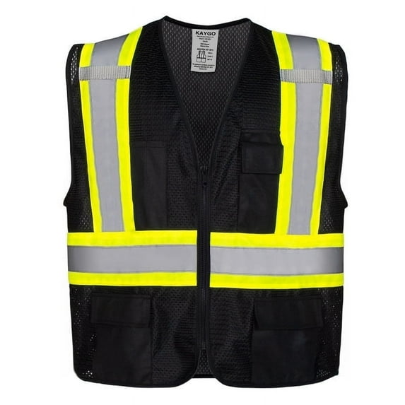 KAYGO High Visibility Safety Vests KG0100, Safety Vests Reflective with Pockets and Zipper,ANSI Type R Class2 Not FR(Large,Black)