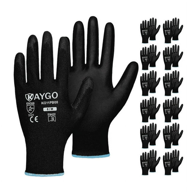 KAYGO Safety Work Gloves, 12 Pairs, PU Coated Seamless Knit Gloves for Men and Women, 2XL, Black