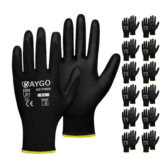 KAYGO Safety Work Gloves, 12 Pairs, PU Coated Seamless Knit Gloves for Men and Women (L, Black)