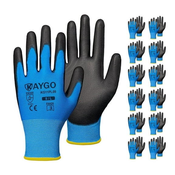 KAYGO Safety Work Gloves, 12 Pairs, PU Coated Seamless Knit Gloves for Men and Women (L, Blue)