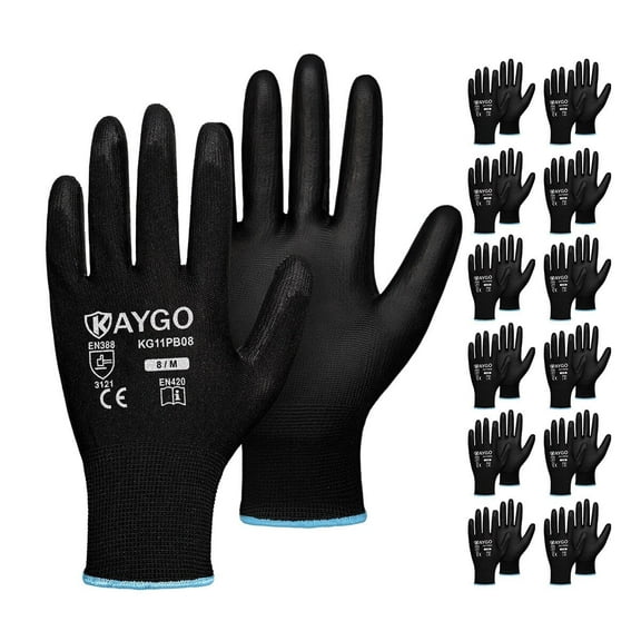 KAYGO Safety Work Gloves, 12 Pairs, PU Coated Seamless Knit Gloves for Men and Women (M, Black)