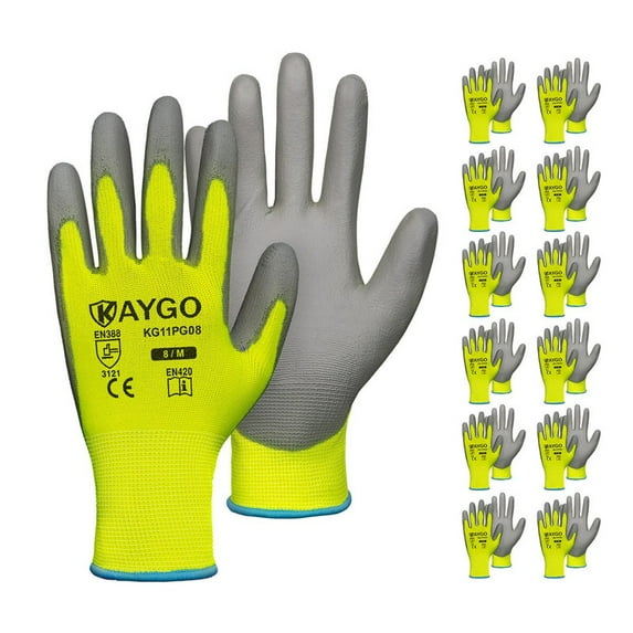 KAYGO Safety Work Gloves, 12 Pairs, PU Coated Seamless Knit Gloves for Men and Women (M, Green)