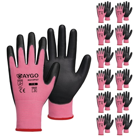 KAYGO Safety Work Gloves, 12 Pairs, PU Coated Seamless Knit Gloves for Men and Women (S, Pink)