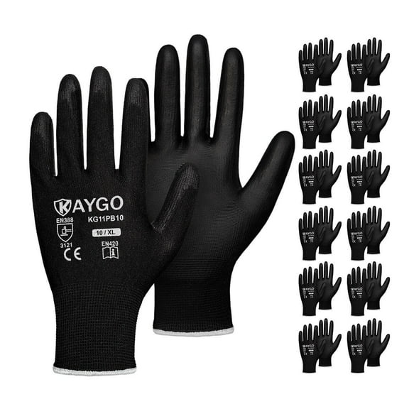 KAYGO Safety Work Gloves, 12 Pairs, PU Coated Seamless Knit Gloves for Men and Women (XL, Black)