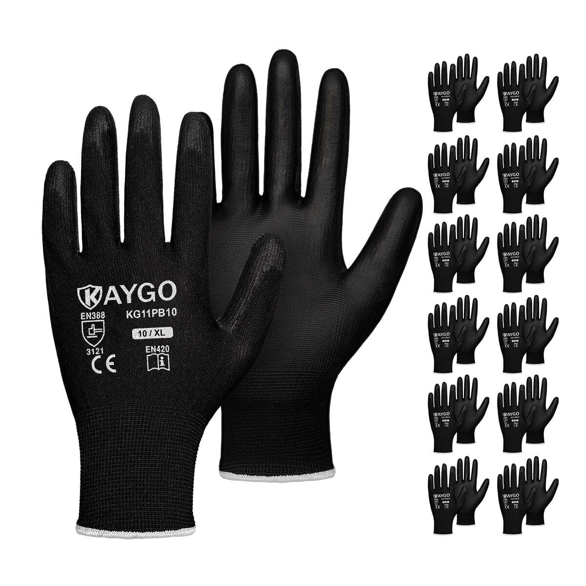 KAYGO Safety Work Gloves, 12 Pairs, PU Coated Seamless Knit Gloves for Men and Women (XL, Black)
