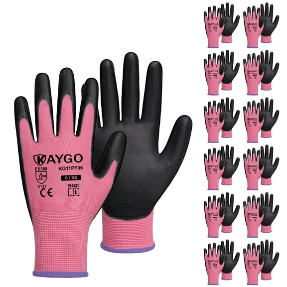 KAYGO Safety Work Gloves, 12 Pairs, PU Coated Seamless Knit Gloves for Men and Women (XS, Pink)