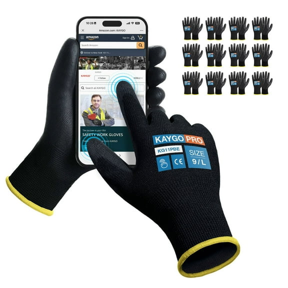 KAYGO Safety Work Gloves, 12 Pairs, PU Coated Seamless Knit Gloves with Two Fingers Touchscreen (L, Black)