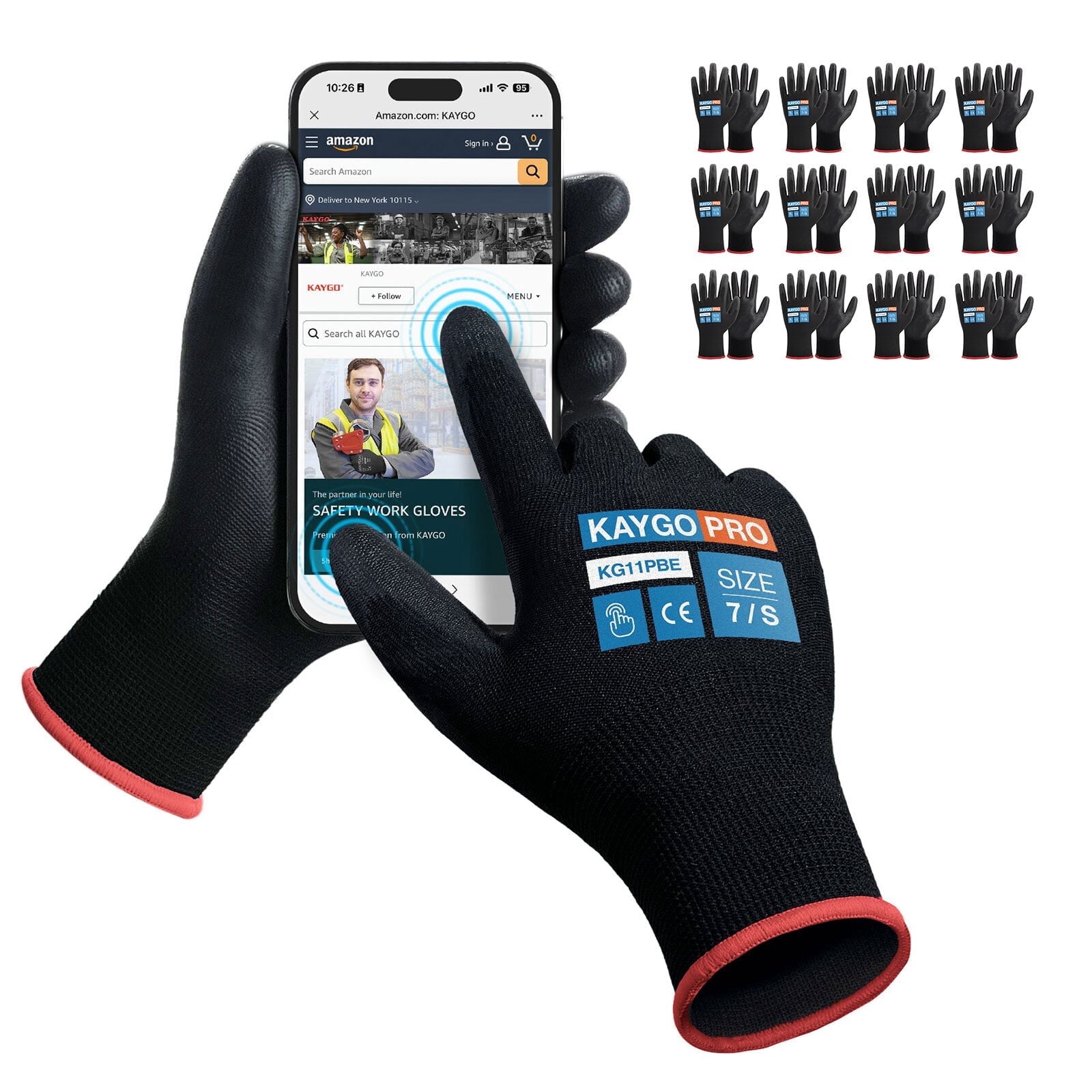 KAYGO Safety Work Gloves, 12 Pairs, PU Coated Seamless Knit Gloves with Two Fingers Touchscreen (S, Black)