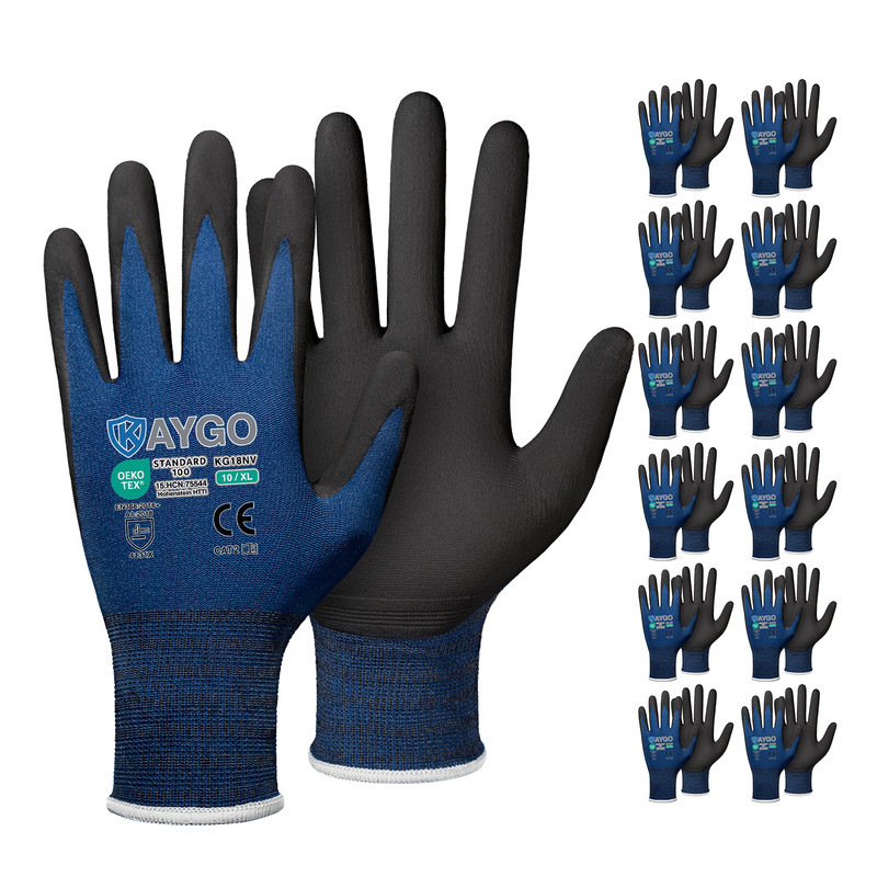 KAYGO KG18N 12 Paia Guanti Da Lavoro In Nylon Con Rivestimento MicroFoam Nitrile, Taglia S (7), Antiscivolo, Traspiranti, Certificati CE