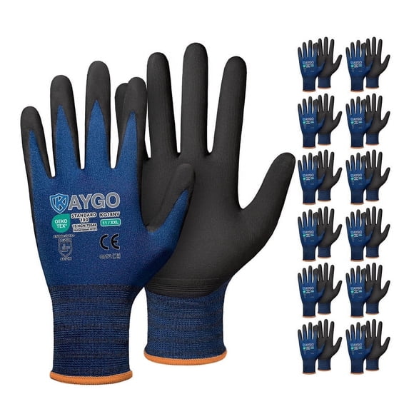 KAYGO Safety Work Gloves MicroFoam Nitrile Coated-12 Pairs, KG18NB,Seamless Knit Nylon Glove with Black Micro-Foam Nitrile Grip,Ideal for General Purpose,Automotive,Home Improvement,Dark Blue,2XL