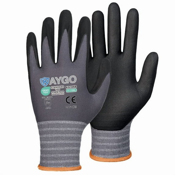 KAYGO Safety Work Gloves MicroFoam Nitrile Coated, 3 Pairs KG18NB, Seamless Knit Nylon Glove with full fingers Touchscreen, Ideal for Automotive, Warehouse, Construction, Gray, 2XL