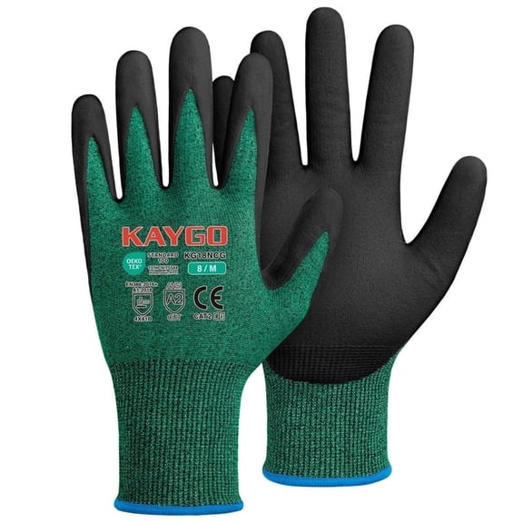 KAYGO Safety Work Gloves MicroFoam Nitrile Coated, 3 Pairs KG18NB, Seamless Knit Nylon Glove for Men and Women, Ideal for Automotive, Warehouse, Construction, Green, M