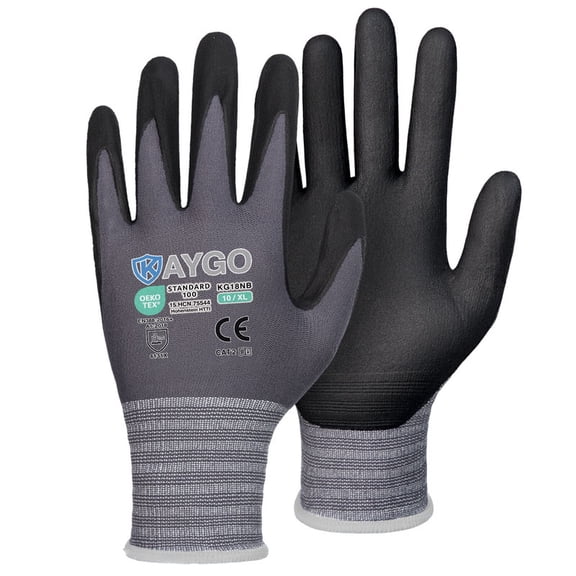 KAYGO Safety Work Gloves MicroFoam Nitrile Coated, 3 Pairs KG18NB, Seamless Knit Nylon Glove with full fingers Touchscreen, Ideal for Automotive, Warehouse, Construction, Gray, XL